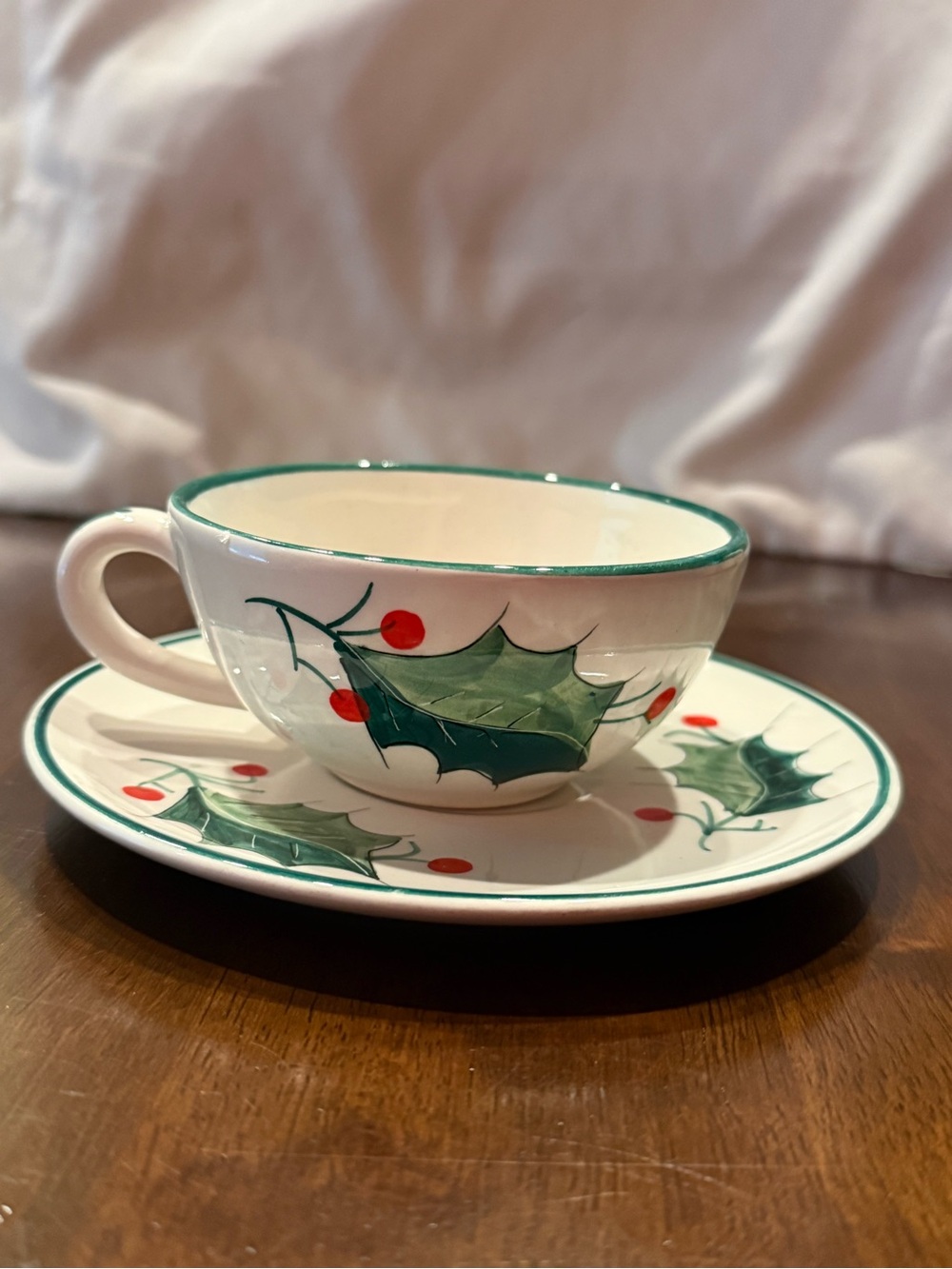 Vintage Holiday Holly Teacup and Saucer Set Hand painted in Italy- Green and Red